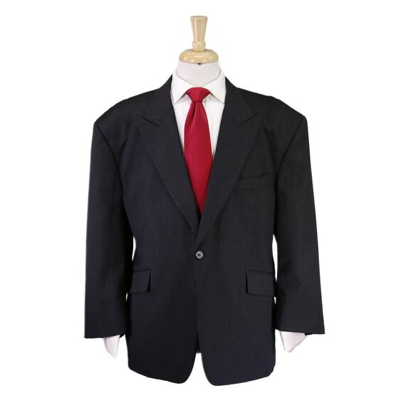 Custom Tailored Solid Charcoal Gray 1-Btn Peak Lapel Wool Suit Athletic 50S - Picture 1 of 10